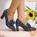 Chic Deep Blue Floral Sequin Denim Bow Pumps - YourGoods Online Shop