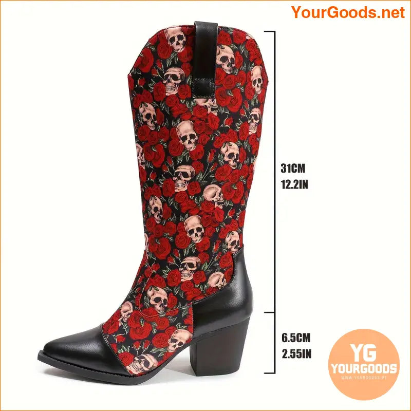 Chic Halloween Womens Skull Rose Cowboy Boots Block Heel - YourGoods Online Shop