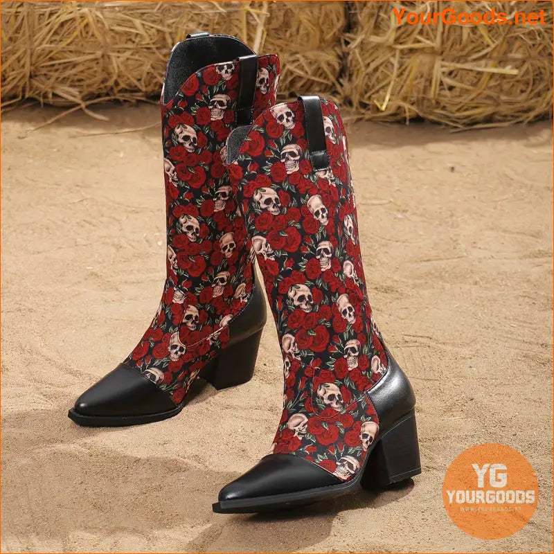 Chic Halloween Womens Skull Rose Cowboy Boots Block Heel - YourGoods Online Shop