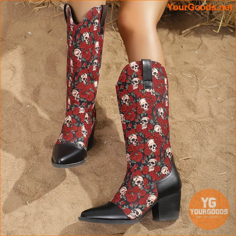 Chic Halloween Womens Skull Rose Cowboy Boots Block Heel - YourGoods Online Shop