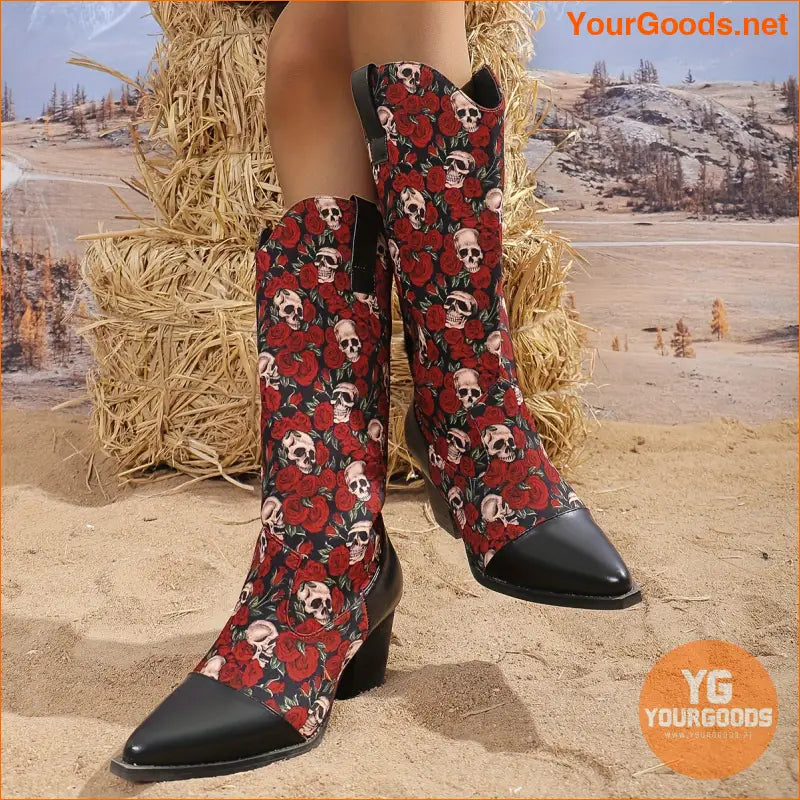 Chic Halloween Womens Skull Rose Cowboy Boots Block Heel - YourGoods Online Shop