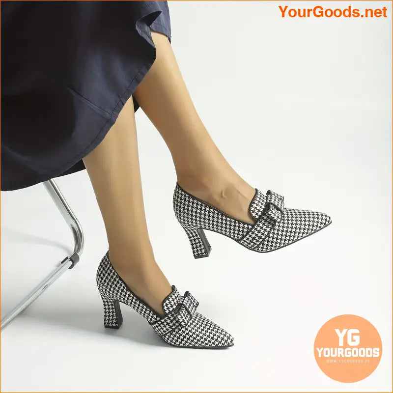 Chic Houndstooth MaryJane Pumps Bowknot Pointed Toe - YourGoods Online Shop