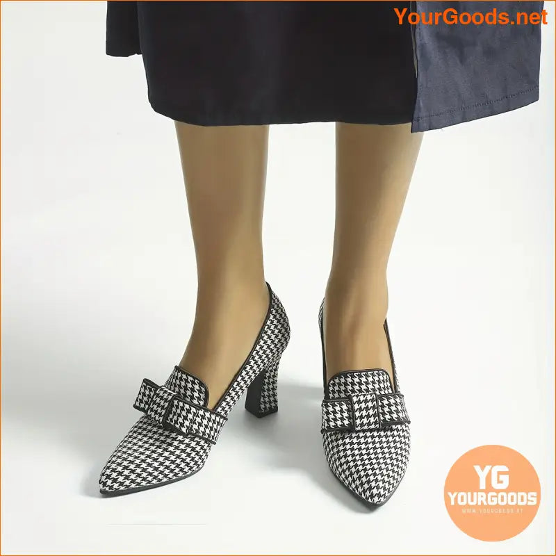 Chic Houndstooth MaryJane Pumps Bowknot Pointed Toe - YourGoods Online Shop