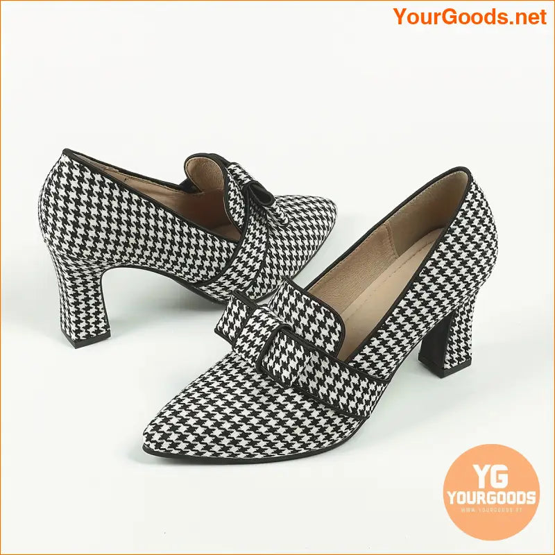 Chic Houndstooth MaryJane Pumps Bowknot Pointed Toe - YourGoods Online Shop