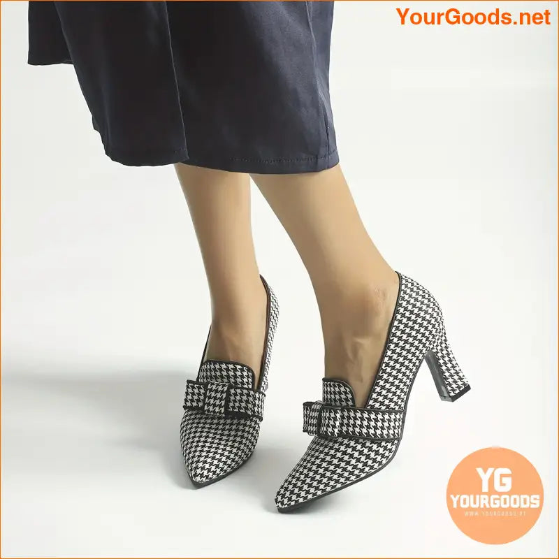 Chic Houndstooth MaryJane Pumps Bowknot Pointed Toe - YourGoods Online Shop