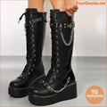 Chic KneeHigh Wedge Boots with Chain Decor - YourGoods Online Shop