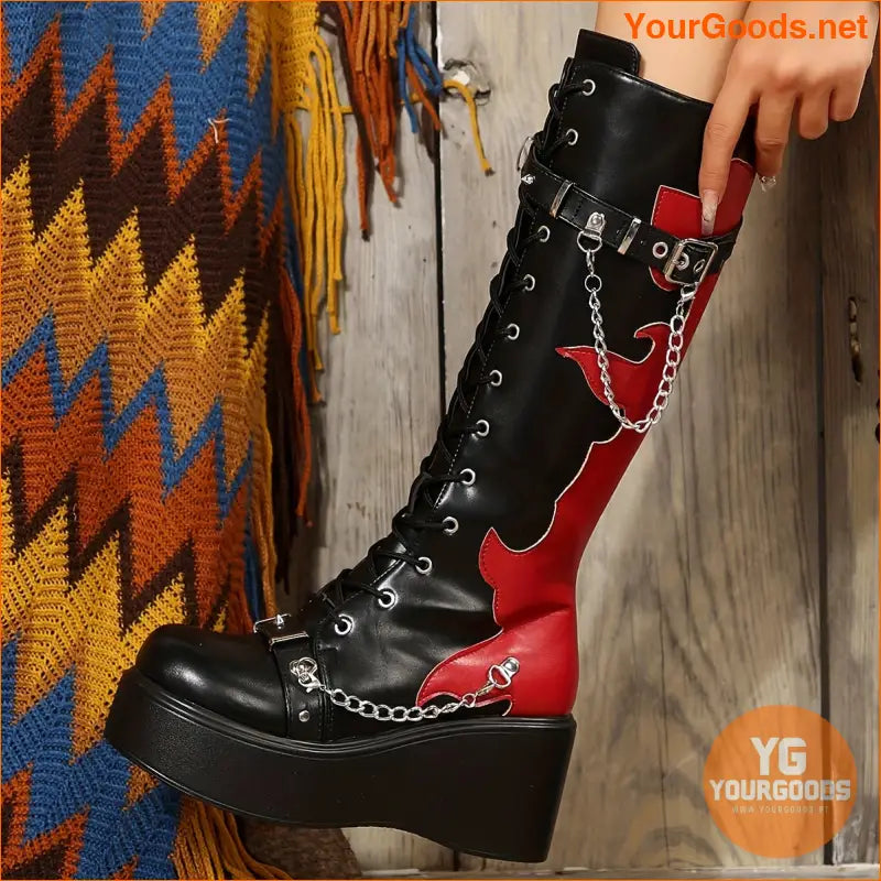 Chic KneeHigh Wedge Boots with Chain Decor - YourGoods Online Shop