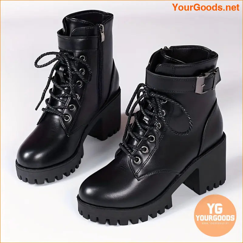 Chic LaceUp Chunky Heel Ankle Boots with Buckle - YourGoods Online Shop