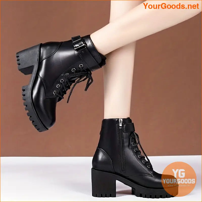 Chic LaceUp Chunky Heel Ankle Boots with Buckle - YourGoods Online Shop