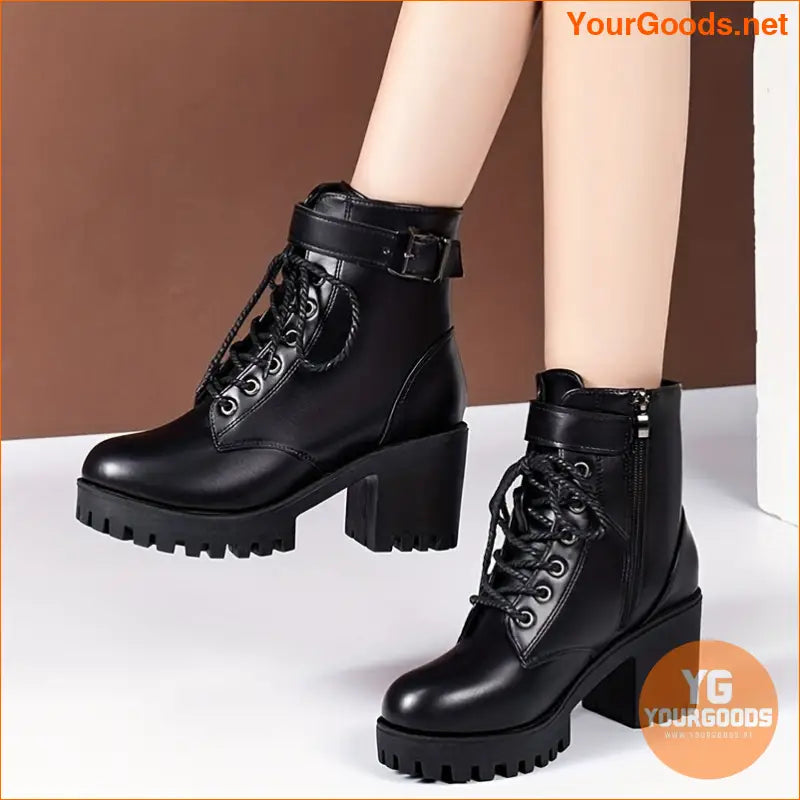 Chic LaceUp Chunky Heel Ankle Boots with Buckle - YourGoods Online Shop