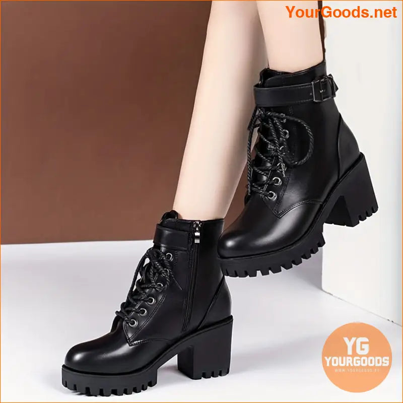 Chic LaceUp Chunky Heel Ankle Boots with Buckle - YourGoods Online Shop