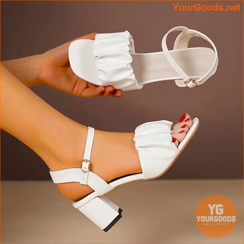 Chic Pleated Chunky Heel Sandals with Buckle Strap - YourGoods Online Shop