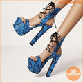 Chic Snakeskin Block Heels Open Toe Lace Up - YourGoods Online Shop