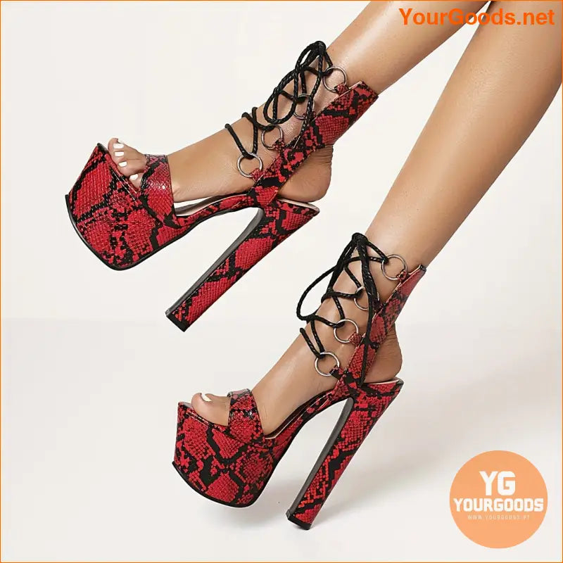 Chic Snakeskin Block Heels Open Toe Lace Up - YourGoods Online Shop