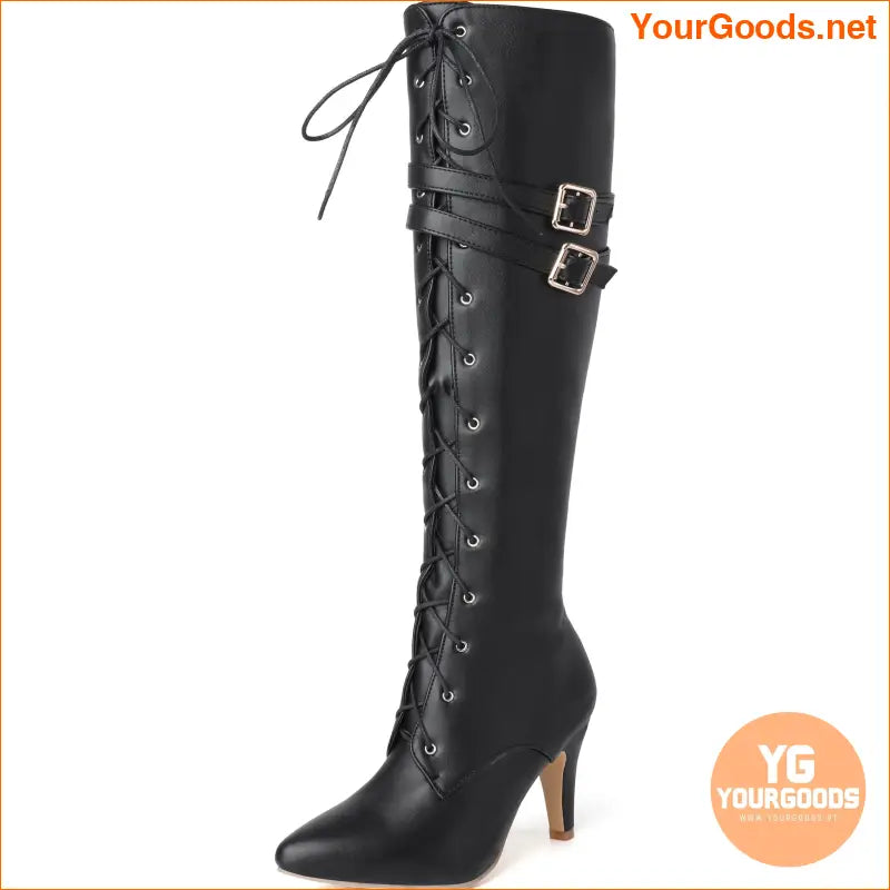 Chic Womens Block Heel Knee High LaceUp Boots - YourGoods Online Shop