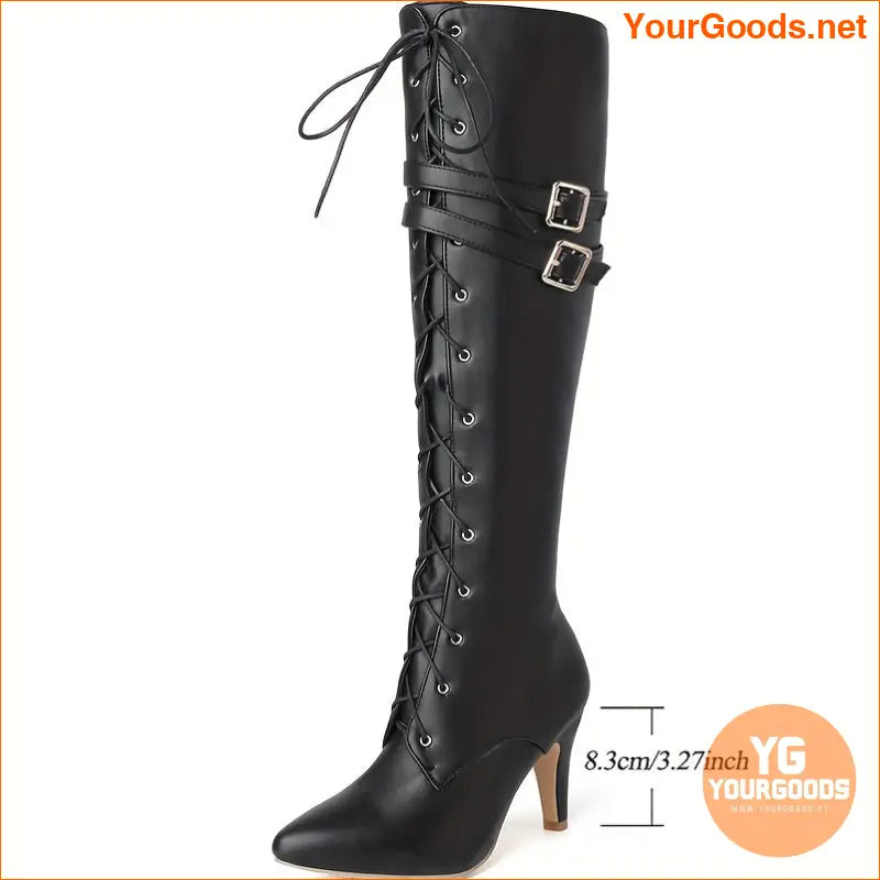 Chic Womens Block Heel Knee High LaceUp Boots - YourGoods Online Shop