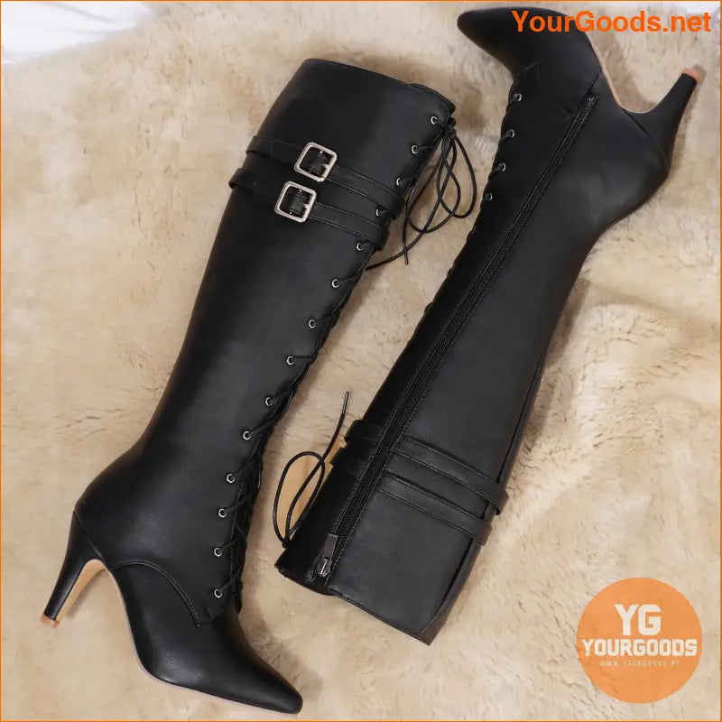 Chic Womens Block Heel Knee High LaceUp Boots - YourGoods Online Shop