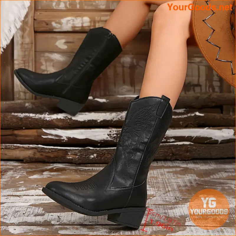 Chic Womens Embroidered MidCalf Boots with Chunky Heel - YourGoods Online Shop