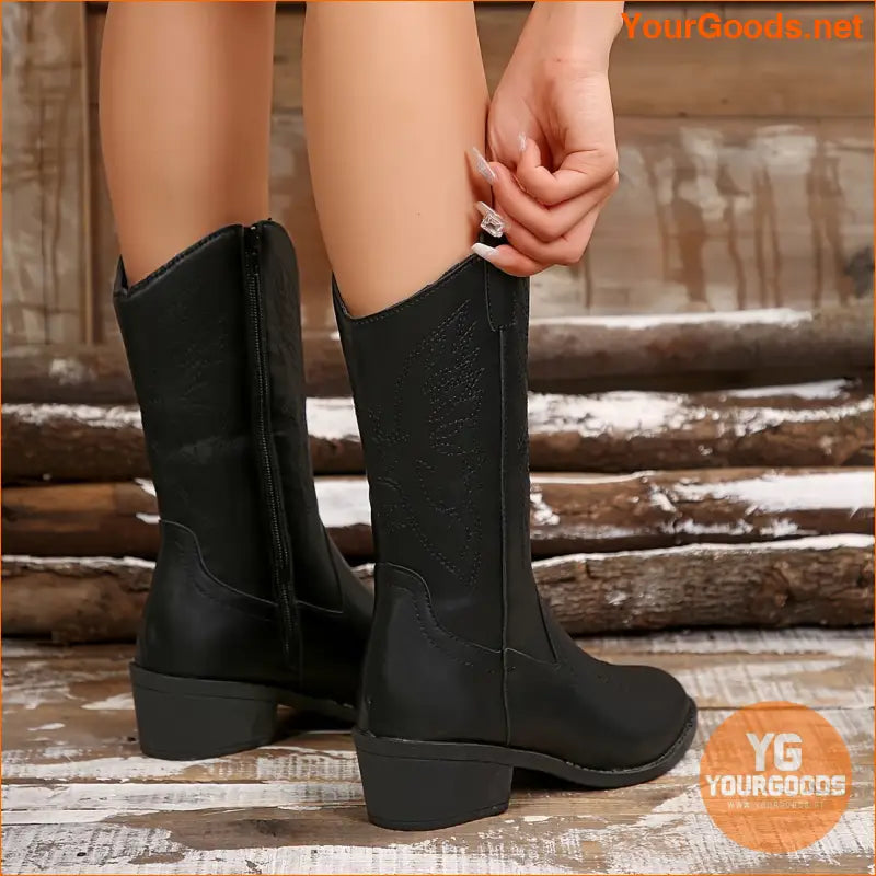 Chic Womens Embroidered MidCalf Boots with Chunky Heel - YourGoods Online Shop