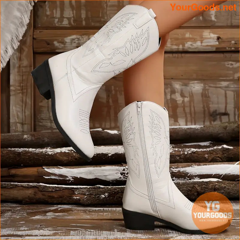 Chic Womens Embroidered MidCalf Boots with Chunky Heel - YourGoods Online Shop