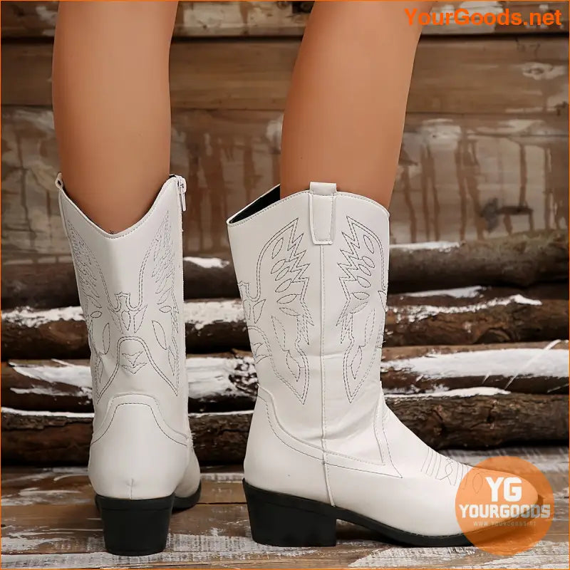 Chic Womens Embroidered MidCalf Boots with Chunky Heel - YourGoods Online Shop