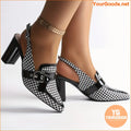 Chic Womens Houndstooth Block Heel Pointed Slingbacks - YourGoods Online Shop