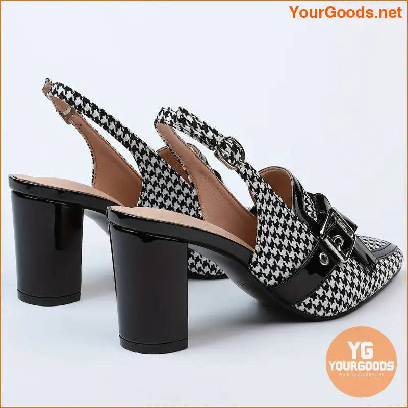 Chic Womens Houndstooth Block Heel Pointed Slingbacks - YourGoods Online Shop