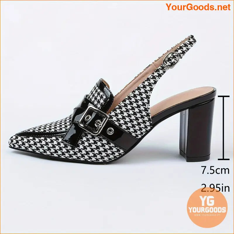 Chic Womens Houndstooth Block Heel Pointed Slingbacks - YourGoods Online Shop