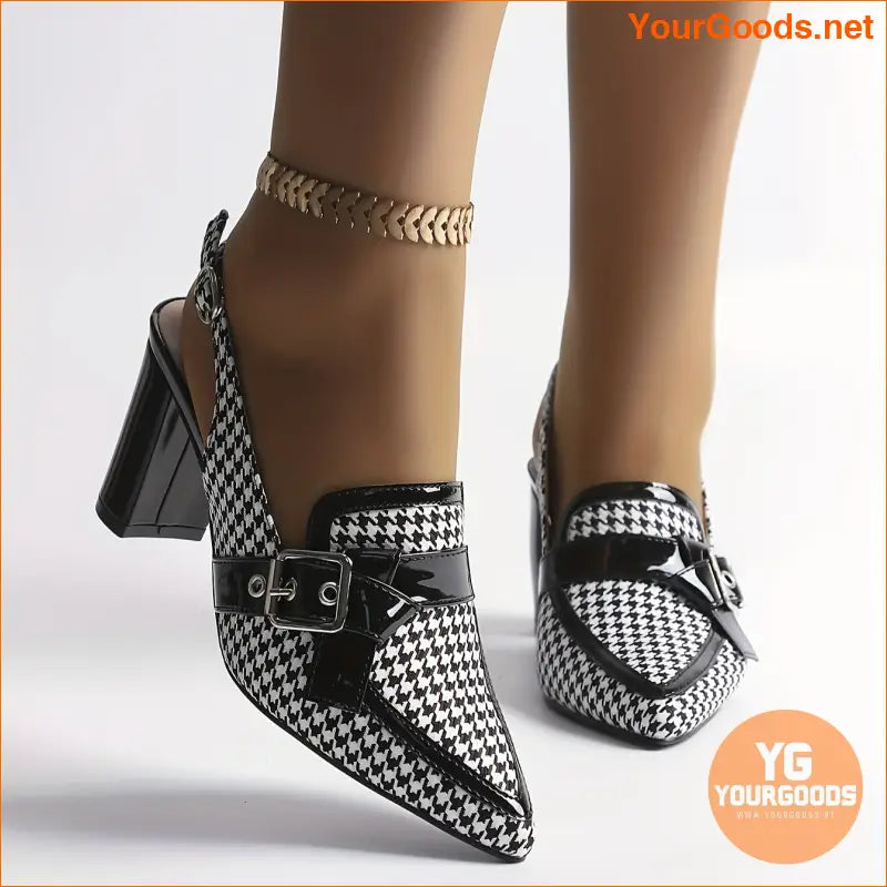 Chic Womens Houndstooth Block Heel Pointed Slingbacks - YourGoods Online Shop