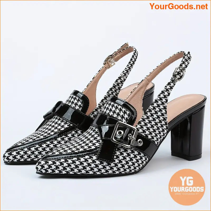 Chic Womens Houndstooth Block Heel Pointed Slingbacks - YourGoods Online Shop