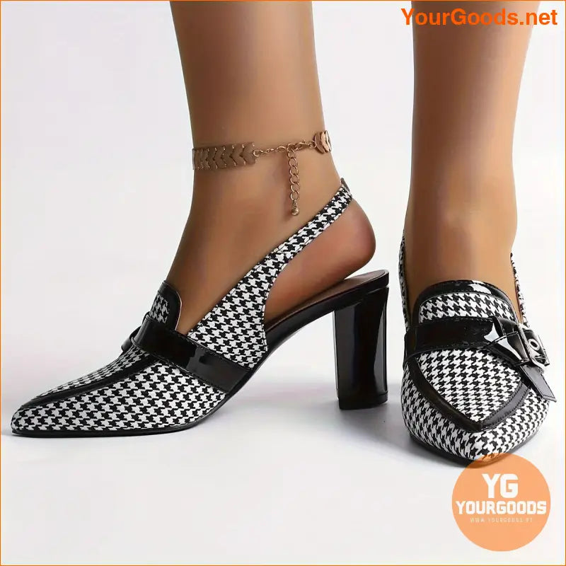 Chic Womens Houndstooth Block Heel Pointed Slingbacks - YourGoods Online Shop