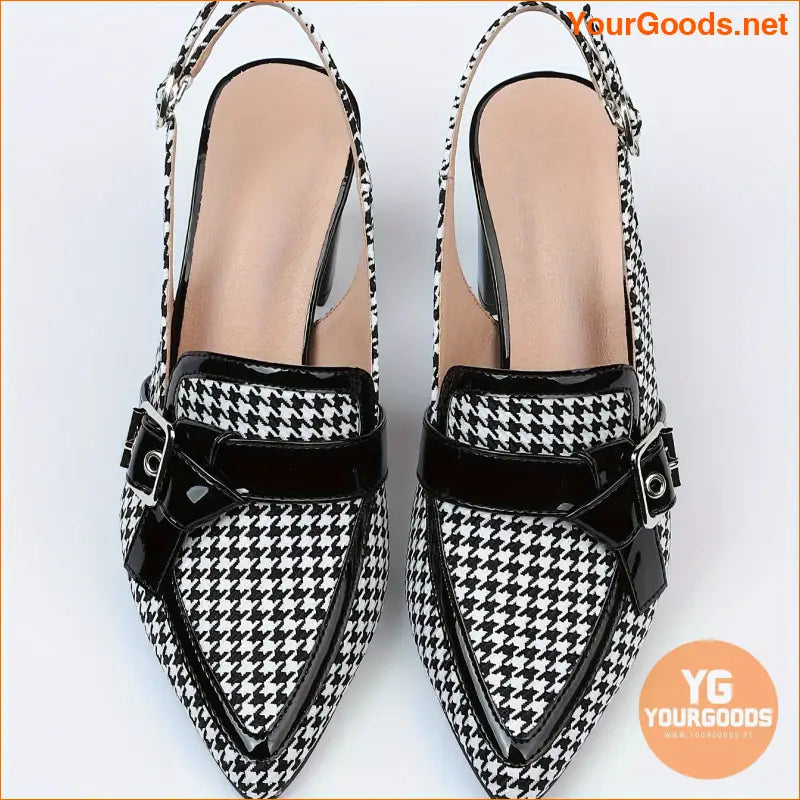 Chic Womens Houndstooth Block Heel Pointed Slingbacks - YourGoods Online Shop