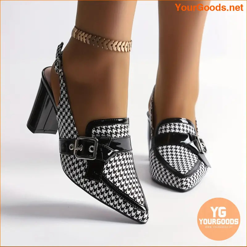 Chic Womens Houndstooth Block Heel Pointed Slingbacks - YourGoods Online Shop