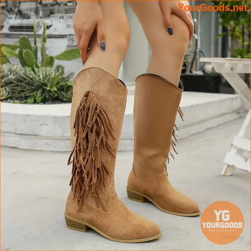 Chic Womens KneeHigh Tassel Western Boots Chunky Heel - YourGoods Online Shop