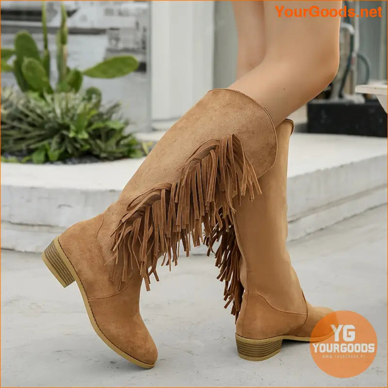 Chic Womens KneeHigh Tassel Western Boots Chunky Heel - YourGoods Online Shop