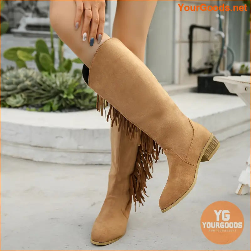 Chic Womens KneeHigh Tassel Western Boots Chunky Heel - YourGoods Online Shop