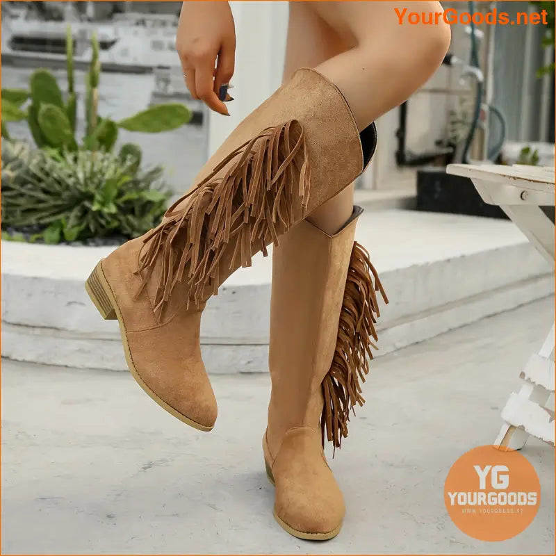 Chic Womens KneeHigh Tassel Western Boots Chunky Heel - YourGoods Online Shop