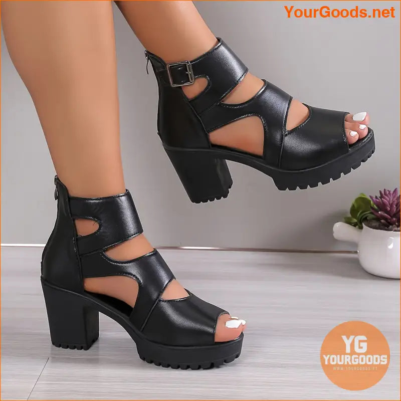 Chic Womens Solid Block Heeled Sandals with Back Zipper - YourGoods Online Shop