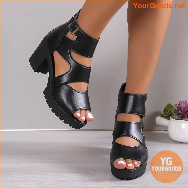 Chic Womens Solid Block Heeled Sandals with Back Zipper - YourGoods Online Shop