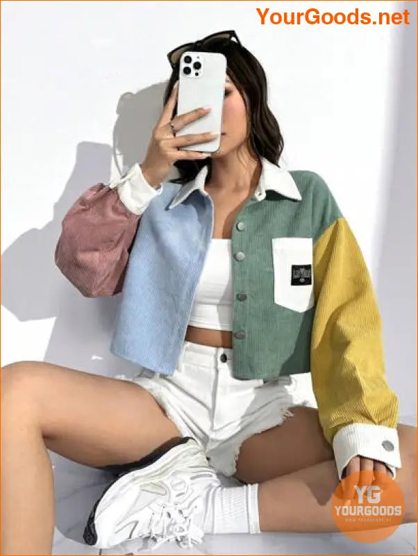 Colorblock Letter Patched Detail Drop Shoulder Jacket Without Cami Top - YourGoods Online Shop