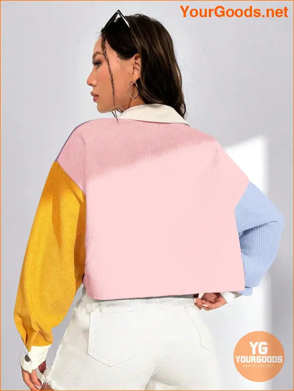 Colorblock Letter Patched Detail Drop Shoulder Jacket Without Cami Top - YourGoods Online Shop