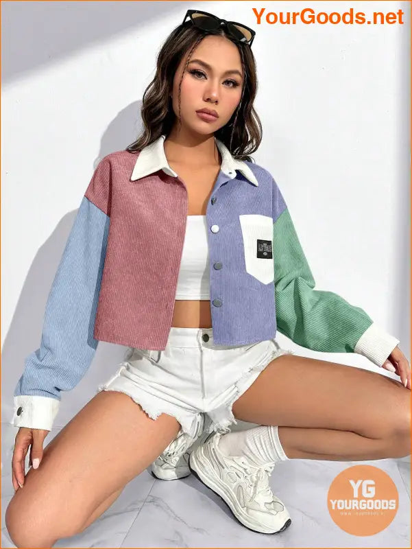 Colorblock Letter Patched Detail Drop Shoulder Jacket Without Cami Top - YourGoods Online Shop