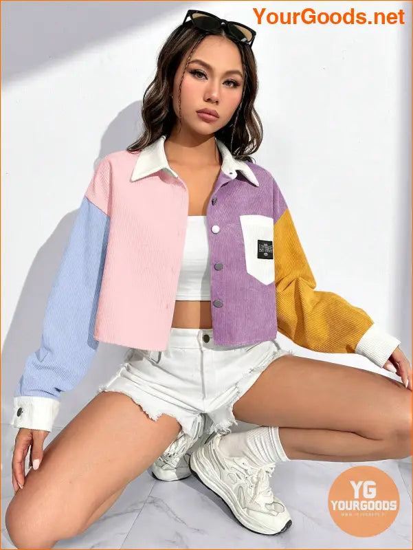 Colorblock Letter Patched Detail Drop Shoulder Jacket Without Cami Top - YourGoods Online Shop