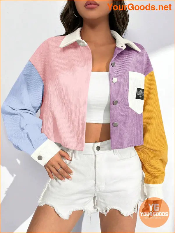 Colorblock Letter Patched Detail Drop Shoulder Jacket Without Cami Top - YourGoods Online Shop