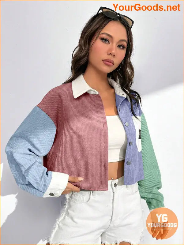 Colorblock Letter Patched Detail Drop Shoulder Jacket Without Cami Top - YourGoods Online Shop