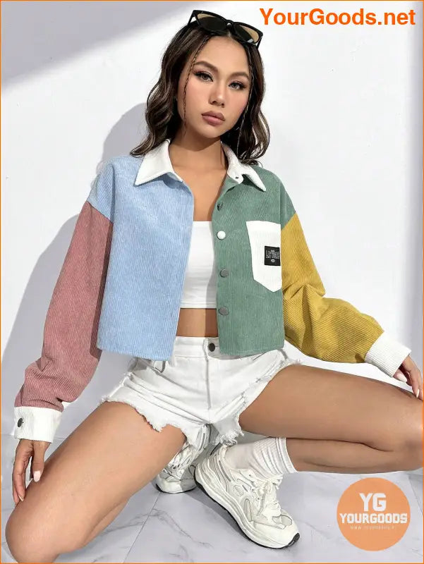 Colorblock Letter Patched Detail Drop Shoulder Jacket Without Cami Top - YourGoods Online Shop