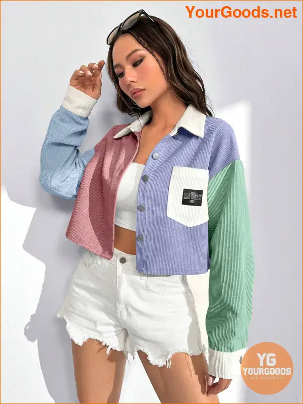 Colorblock Letter Patched Detail Drop Shoulder Jacket Without Cami Top - YourGoods Online Shop