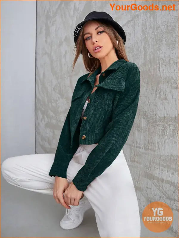 Corduroy Flap Pocket Button Up Crop Jacket - YourGoods Online Shop