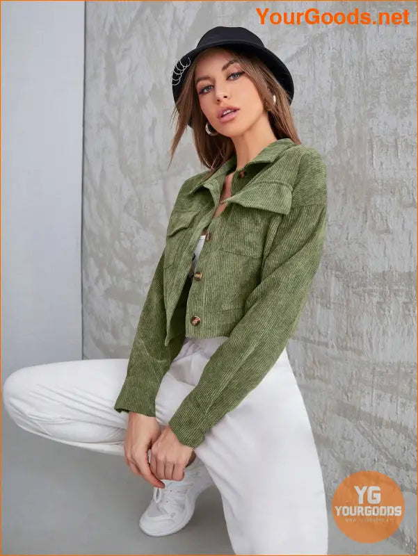 Corduroy Flap Pocket Button Up Crop Jacket - YourGoods Online Shop