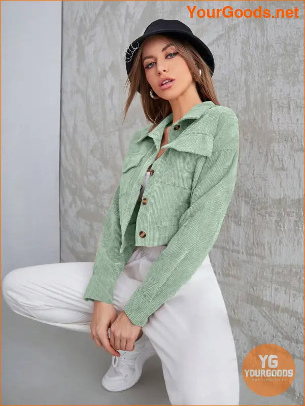 Corduroy Flap Pocket Button Up Crop Jacket - YourGoods Online Shop